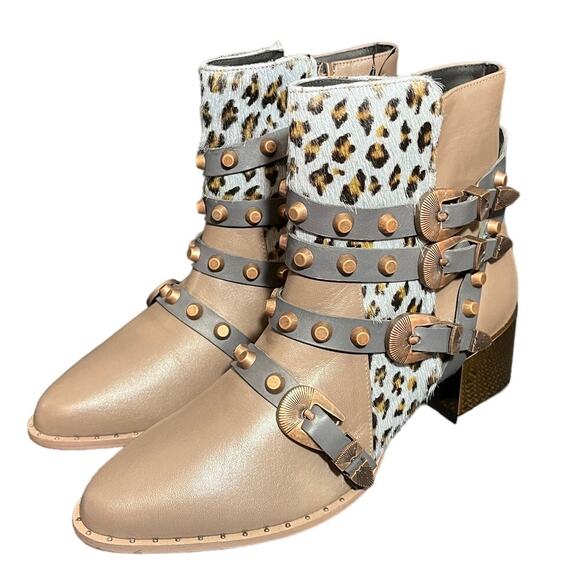 NEW Ivy Kirzhner‎ Circuit Strappy Calf Hair Leather Nude Booties Size 38 US 7.5 - Picture 1 of 8
